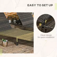 Outsunny Set of Two Reclining Rattan Sun Loungers, with Cushions - Brown/Cream - 5