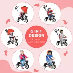 HOMCOM Metal Frame 6 in 1 Baby Push Tricycle with Parent Handle for 1-5 Years Old, Red - 4