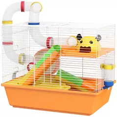 PawHut 3 Tiers Gerbil Cage, Hamster Cage with Tubes, Exercise Wheel, Ladder, Top Handle, 45 x 28 x 37cm - Orange - 1