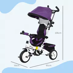 HOMCOM 6 in 1 Kids Trike Push Bike w/ Push Handle, Canopy, 5-point Safety Belt, Storage, Footrest, Brake, for 1-5 Years, Purple - 3