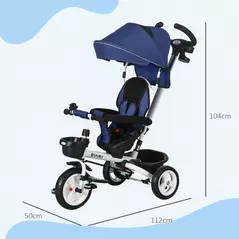 HOMCOM Metal Frame 6 in 1 Baby Push Tricycle with Parent Handle for 1-5 Years Old, Dark Blue - 3