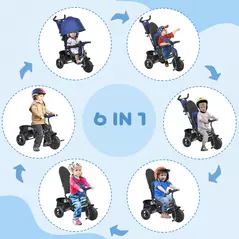 HOMCOM 6 in 1 Kids Trike Push Bike with Push Handle, Canopy, 5-point Safety Belt, Storage, Footrest, Brake, for 1-5 Years, Dark Blue - 4