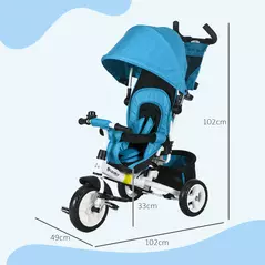 HOMCOM 6 in 1 Kids Trike with Parent Handle, Canopy, 5-point Safety Belt, Storage, Footrest, Brake, for 1-5 Years, Blue - 3