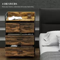 HOMCOM Rustic Chest of Four Fabric Drawers - Rustic Brown - 4