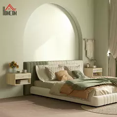 HOMCOM Set of Two Rattan Panel Floating Bedside Tables - Wood-Effect - 2