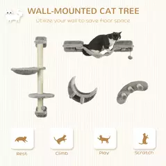 PawHut Four-Piece Cat Wall Furniture, with Hammock, Ladder, Platforms, Steps, for Indoor Use - Grey - 4