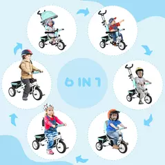 HOMCOM 6 in 1 Kids Trike Push Bike w/ Push Handle, Canopy, 5-point Safety Belt, Storage, Footrest, Brake, for 1-5 Years, Green - 5