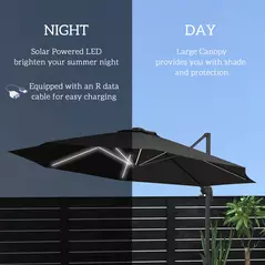 Outsunny 3(m) Adjustable Cantilever Parasol with Base, Solar LED Lights, Dark Grey - 4