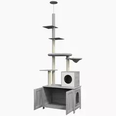 PawHut 2-in-1 Floor-To-Ceiling Cat Tree with Hidden Litter Box, for Indoor Use - Grey - 1