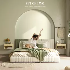 HOMCOM Set of Two Rattan Panel Floating Bedside Tables - Wood-Effect - 4