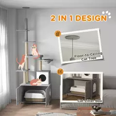 PawHut 2-in-1 Floor-To-Ceiling Cat Tree with Hidden Litter Box, for Indoor Use - Grey - 4