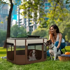 PawHut Foldable Dog Pen with Storage Bag for Indoor/Outdoor Use, Portable Pet playpen, with Ground Stakes - Brown - 2
