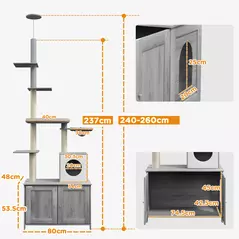 PawHut 2-in-1 Floor-To-Ceiling Cat Tree with Hidden Litter Box, for Indoor Use - Grey - 3