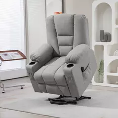 HOMCOM Oversized Riser and Recliner Chairs for the Elderly, Fabric Upholstered Lift Chair for Living Room with Remote Control, Side Pockets, Cup Holder, Light Grey - 2