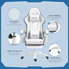 Vinsetto Computer Gaming Chair, PU Leather Desk Chair with Footrest, Swivel Task Chair with 135° Reclining Back and Lumbar Support, PC Chair for Adults, White and Grey - 7