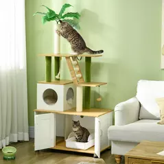 PawHut 2-in-1 Hidden Cat Litter Box, Green Leaf Cat Tree, with House, Ladder, Scratching Posts, Platforms, Indoors -Oak - 2