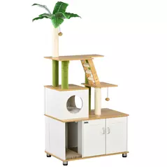 PawHut 2-in-1 Hidden Cat Litter Box, Green Leaf Cat Tree, with House, Ladder, Scratching Posts, Platforms, Indoors -Oak - 1