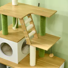 PawHut 2-in-1 Hidden Cat Litter Box, Green Leaf Cat Tree, with House, Ladder, Scratching Posts, Platforms, Indoors -Oak - 8