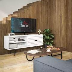 HOMCOM TV Stand with Cupboard, Open Shelves, Striped Doors, Wooden legs, White - 9