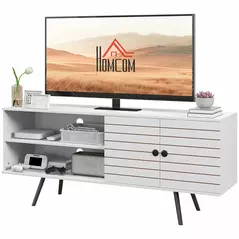 HOMCOM TV Stand with Cupboard, Open Shelves, Striped Doors, Wooden legs, White - 1