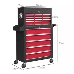 HOMCOM 14 Drawer, Two-Part Tool Storage Chest on Wheels - Red - 3