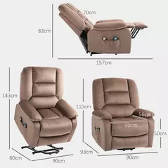 HOMCOM Velvet-Feel Electric Lift-and-Recline Massage Armchair, with Remote - Brown - 3