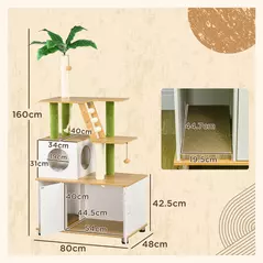 PawHut 2-in-1 Hidden Cat Litter Box, Green Leaf Cat Tree, with House, Ladder, Scratching Posts, Platforms, Indoors -Oak - 3