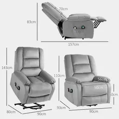 HOMCOM Velvet-Feel Electric Lift-and-Recline Massage Armchair, with Remote - Grey - 3
