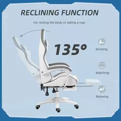 Vinsetto Computer Gaming Chair, PU Leather Desk Chair with Footrest, Swivel Task Chair with 135° Reclining Back and Lumbar Support, PC Chair for Adults, White and Grey - 5