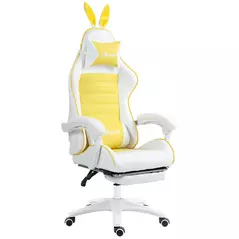 Vinsetto Reclining Racing Gaming Chair with Headrest and Lumber Support, PU Leather Computer Chair with Removable Rabbit Ears, Footrest, Yellow - 1