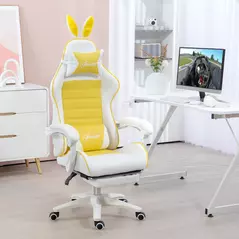 Vinsetto Reclining Racing Gaming Chair with Headrest and Lumber Support, PU Leather Computer Chair with Removable Rabbit Ears, Footrest, Yellow - 2