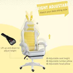 Vinsetto Reclining Racing Gaming Chair with Headrest and Lumber Support, PU Leather Computer Chair with Removable Rabbit Ears, Footrest, Yellow - 5