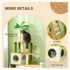 PawHut 2-in-1 Hidden Cat Litter Box, Green Leaf Cat Tree, with House, Ladder, Scratching Posts, Platforms, Indoors -Oak - 5
