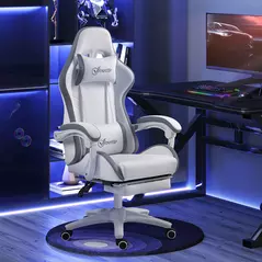 Vinsetto Computer Gaming Chair, PU Leather Desk Chair with Footrest, Swivel Task Chair with 135° Reclining Back and Lumbar Support, PC Chair for Adults, White and Grey - 2