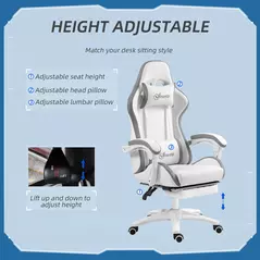Vinsetto Computer Gaming Chair, PU Leather Desk Chair with Footrest, Swivel Task Chair with 135° Reclining Back and Lumbar Support, PC Chair for Adults, White and Grey - 4