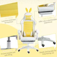 Vinsetto Reclining Racing Gaming Chair with Headrest and Lumber Support, PU Leather Computer Chair with Removable Rabbit Ears, Footrest, Yellow - 8