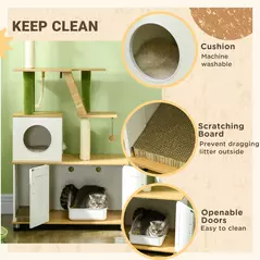 PawHut 2-in-1 Hidden Cat Litter Box, Green Leaf Cat Tree, with House, Ladder, Scratching Posts, Platforms, Indoors -Oak - 6