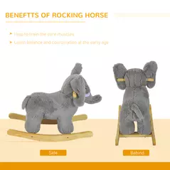 HOMCOM Kids Children Rocking Horse Plush Ride on Animal Wooden Riding Traditional Rocker Gift w/32 nursery rhymes (Grey Elephant) - 5