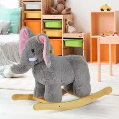 HOMCOM Kids Children Rocking Horse Plush Ride on Animal Wooden Riding Traditional Rocker Gift w/32 nursery rhymes (Grey Elephant) - 2