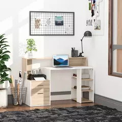 HOMCOM Computer Desk with Drawers and Storage Shelves, Office Desk Writing Table with Printer Stand, Large Workstation for Study Play Work Home Office, 137 x 55 x 92cm, Oak - 2