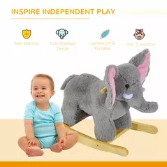 HOMCOM Kids Children Rocking Horse Plush Ride on Animal Wooden Riding Traditional Rocker Gift w/32 nursery rhymes (Grey Elephant) - 4