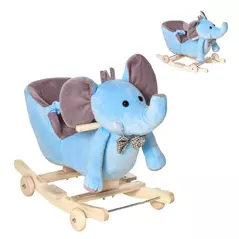 HOMCOM 2 In 1 Plush Baby Ride on Rocking Horse Elephant Rocker with Wheels Wooden Toy for Kids 32 Songs for 18+ Months (Blue) - 1