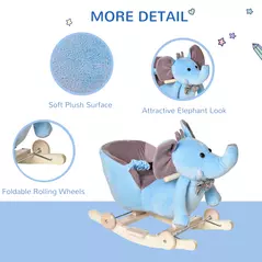 HOMCOM 2 In 1 Plush Baby Ride on Rocking Horse Elephant Rocker with Wheels Wooden Toy for Kids 32 Songs for 18+ Months (Blue) - 7