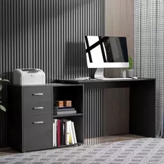 HOMCOM L Shaped Computer Desk, Reversible Home Office Desk with Drawers, File Cabinet and Storage Shelves, Study Table, 117 x 83.5 x 76cm, Black - 2