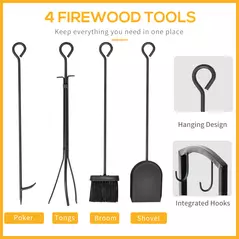 Outsunny Metal Firewood Log Holder 2 Layer Firewood Rack Indoor Outdoor Fireplace Wood Storage Shelf with 4 Tools and Hooks, Black, 40L x 30W x 74.5H cm - 5