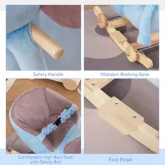 HOMCOM 2 In 1 Plush Baby Ride on Rocking Horse Elephant Rocker with Wheels Wooden Toy for Kids 32 Songs for 18+ Months (Blue) - 6