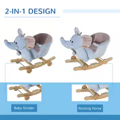 HOMCOM 2 In 1 Plush Baby Ride on Rocking Horse Elephant Rocker with Wheels Wooden Toy for Kids 32 Songs for 18+ Months (Blue) - 5