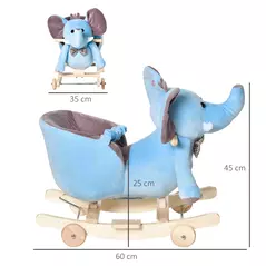 HOMCOM 2 In 1 Plush Baby Ride on Rocking Horse Elephant Rocker with Wheels Wooden Toy for Kids 32 Songs for 18+ Months (Blue) - 3