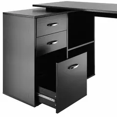 HOMCOM L Shaped Computer Desk, Reversible Home Office Desk with Drawers, File Cabinet and Storage Shelves, Study Table, 117 x 83.5 x 76cm, Black - 8