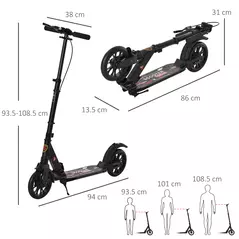 HOMCOM Adult Teens Kick Scooter Foldable Height Adjustable Aluminium Ride On Toy for 14+ w/ Rear Wheel & Hand Brake, 200mm Big Wheels, Shock Mitigation System - Black - 3